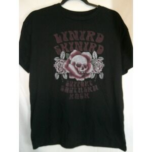 Lynyrd Skynyrd T Shirt Medium Black Support Southern Rock‎ Band Skull Rose